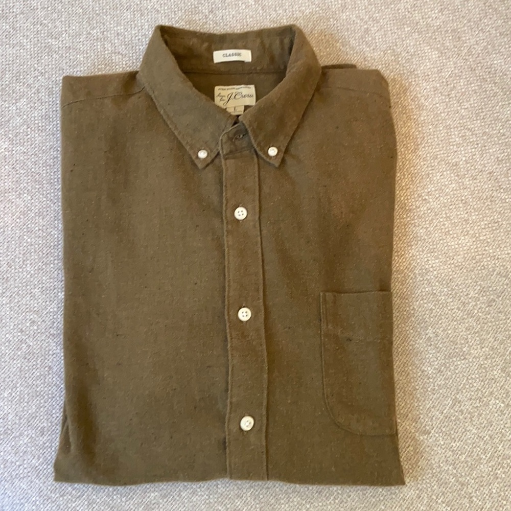 J. Crew brushed twill, long-sleeve olive shirt.  Size Large